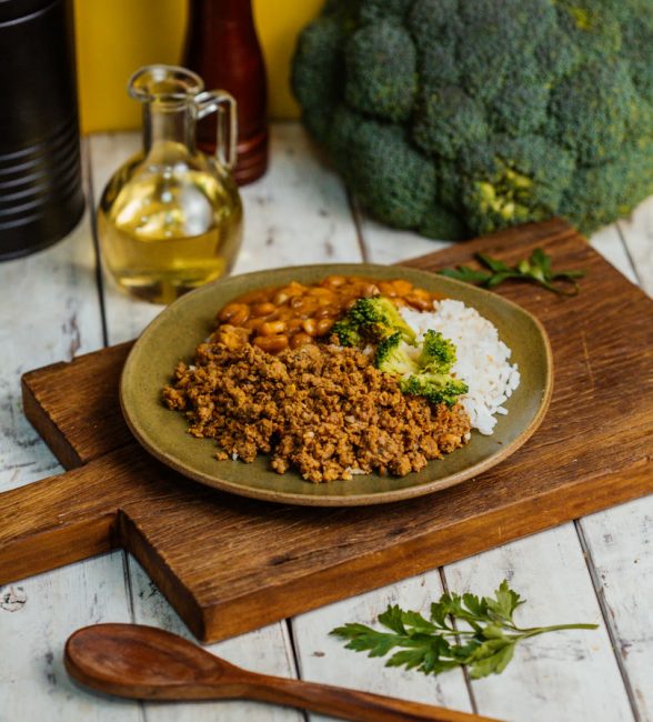 CARNE BOVINA MOIDA C/BRÓCOLIS + ARROZ BRANCO + FEIJÃO CARIOCA 300G